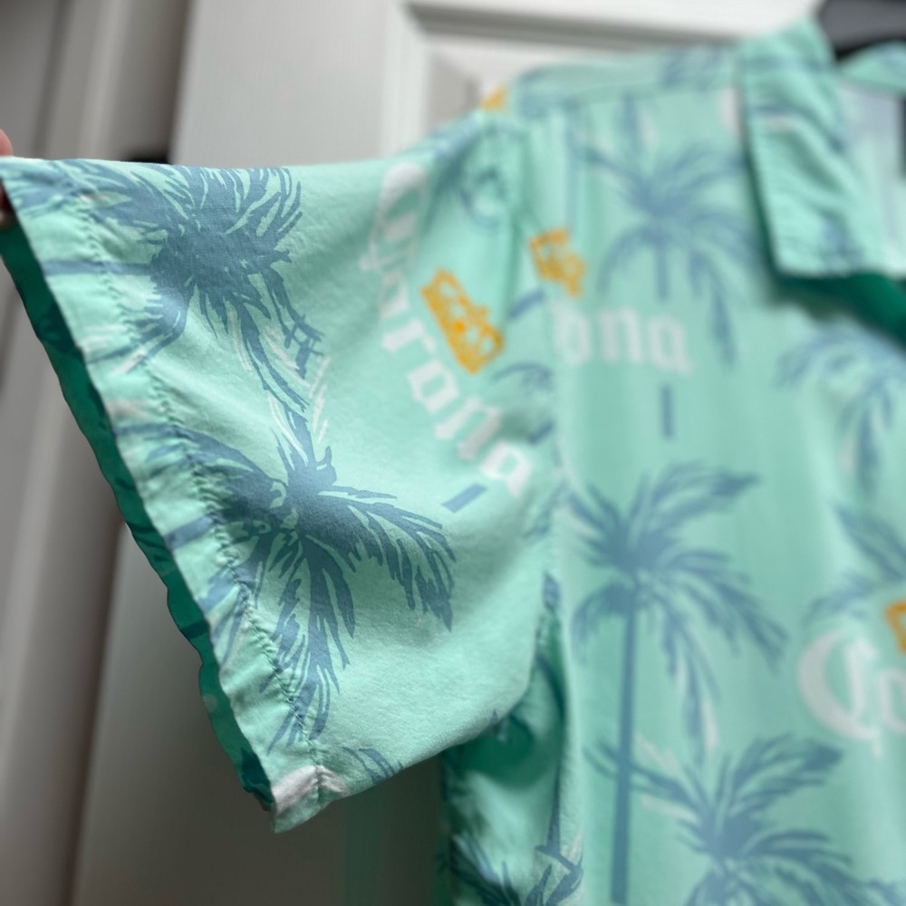 Corona Extra Palm Tree Hawaiian Shirt Mens XL Teal Button Up